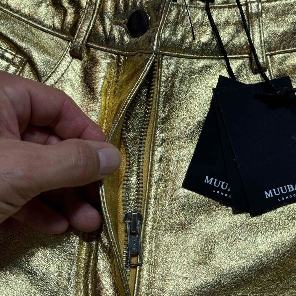 Muubaa London Amy Straight Sheep Leather Jeans 5-Pocket Gold Metallic Size‎ US 0 - Picture 3 of 15